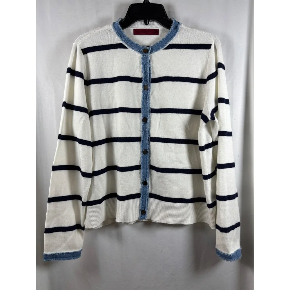 Love Scarlett Women‎ Navy White Striped Cardigan Frayed Denim Trim Size L
